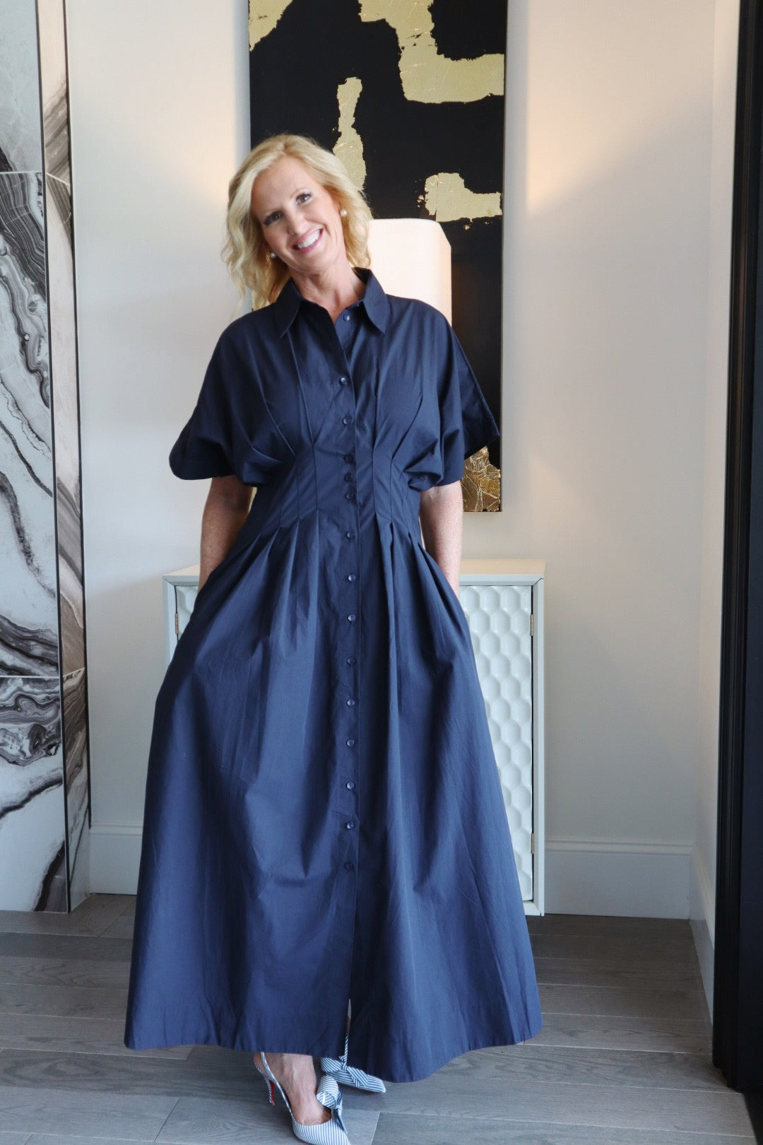 Button Front Pleated Midi Dress