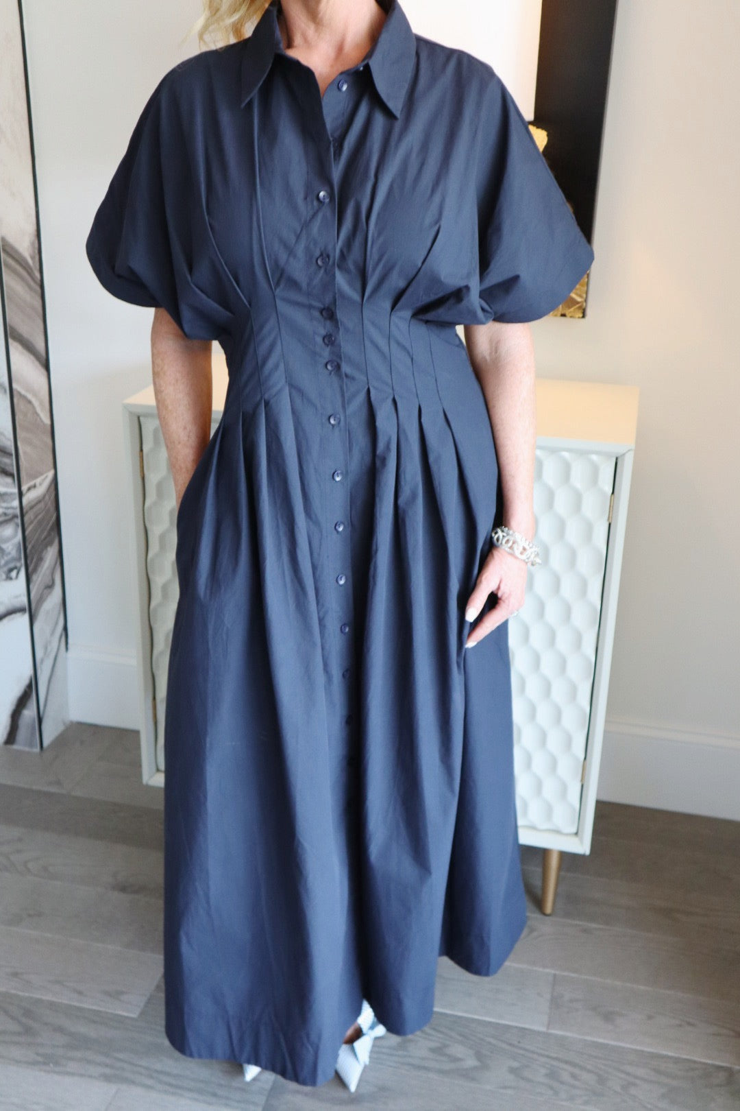 Button Front Pleated Midi Dress